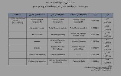 إعلان هام .. 
جدول امتحانات الدراسات العليا / الفصل الدراسي الثاني للعام الدراسي ٢٠٢٥/٢٠٢٦. للاقسام العلمية في كلية الهندسة و…